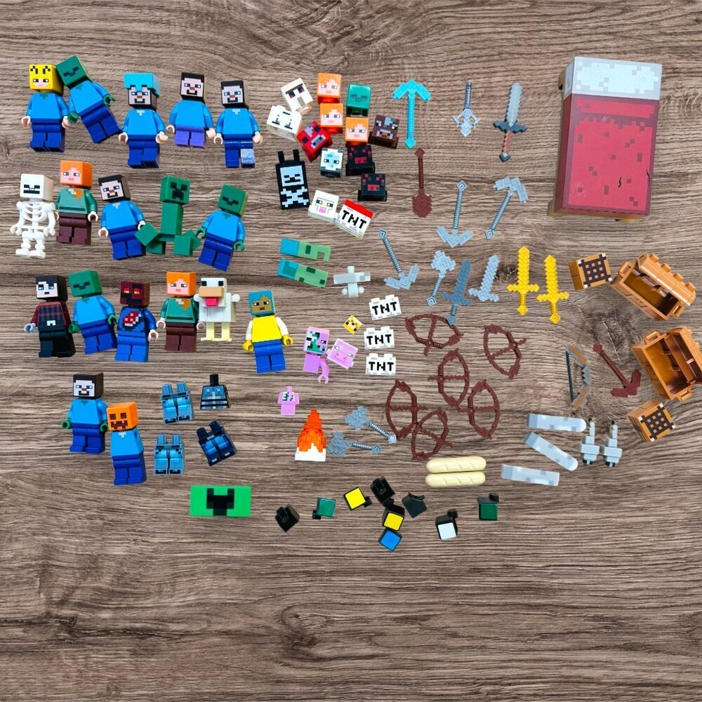 LEGO Minecraft Minifigure Lot Steve Alex Zombies Creeper Mobs Tools Weapons TNT
